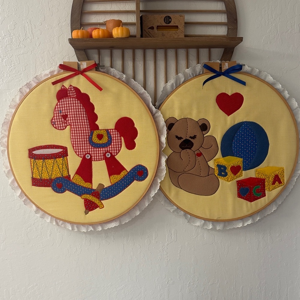 Vintage Style Patchwork Embroidered Hoops Primary Colors Horse Bear Decor